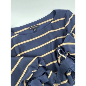 Banana Republic Blouse SZ XS Navy Blue Tan Striped Poet Sleeve Boat NeckTie Cuff